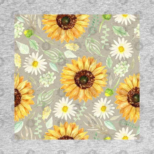 Sunflowers and Daisies | Watercolor | Art | Pattern | Grey Texture by Harpleydesign